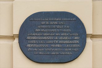 Commemorative plaque of the surrender of Erlangen to the Americans without a fight in 1945