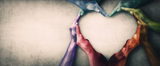 Different people unite for common purpose as diverse person hands colored in the lgbtq pride colors