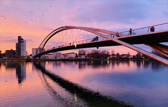 Three-country bridge at sunset towards France