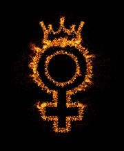 Fire female gender sign with queen crown burning in flames