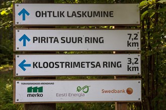Hiking signpost in the forest along the Pirita River