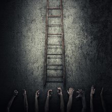 Abstract idea concept as a lot of human hands stretched out to reach a ladder and escape from a dark room prison