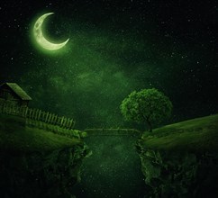 Country image with a wood bridge connecting two hills