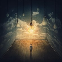 Surreal scene with a person isolated in a huge dark room and a lot of light bulb hangs above his head