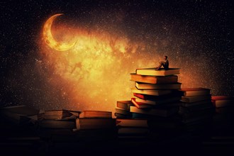 Boy sitting alone on a pile of books