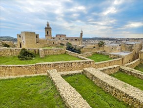 View of historic foundations of medieval buildings in Gozo Citadel