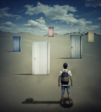 Conceptual image with a person standing in front of different closed doors