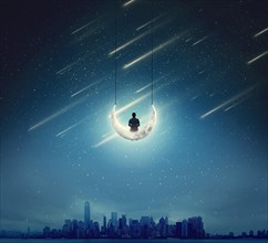 Surreal background with a boy sitting on a crescent moon