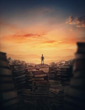 Surrealistic scene with a tiny man climbing on the top of a huge books landfill