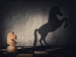 Surreal transformation of the knight chess piece into a wild and powerful unicorn