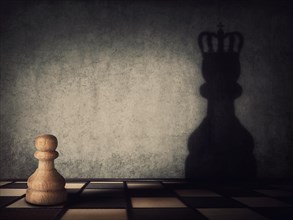 Surreal transformation of the pawn chess piece into a powerful king or queen