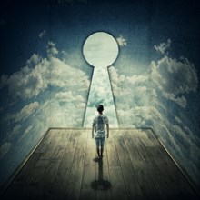 Abstract idea with a person standing in front of a big keyhole doorway surrounded by limitations daily routine concrete walls with clouds texture