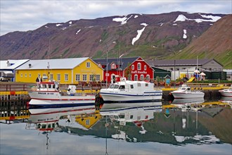 Colourful wooden houses and fishing boats in a harbour