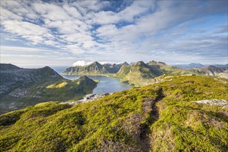 View from the mountain Kollfjellet to the fjord and mountains of Lofoten