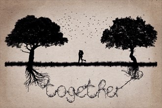 Two trees in front of each other with their roots growing in shape of the word together and a couple hugging in the middle