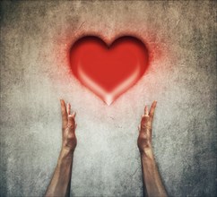 Closeup of two human hands holding a red heart