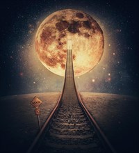 Surreal scene and a railway leading up to the moon
