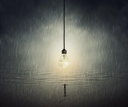 Surreal backround of a man standing with wide opened hands in front of a huge bulb near the ocean in a rainy day