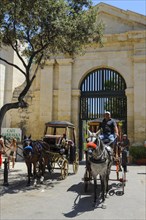 Horse-drawn carriages for tourists in front of the entrance to the public park Upper Barrakka Gardens