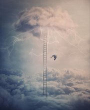 Silhouette of a fallen angel crashing down from heaven alongside a huge ladder above the clouds