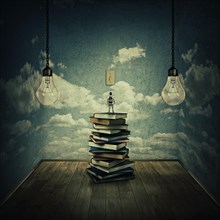 Idea concept with a boy standing on a pile of books trying to swich on the light bulbs