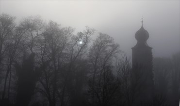 Historic water tower and bare trees in the mist