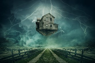 Ghost house ripped from the ground flying above a country road in a stormy day with lightnings in the sky
