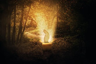 Magical cardboard box opened in a dark forest and a mystic creature with angel wings escape through a lot of fireflies and sparkles
