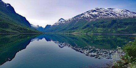 Snow-capped mountains reflected in the calm waters of a fjord