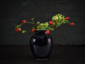 Still Life with Hop Cone and Rose Hips in a Vase