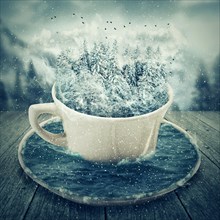 Magic cup in a cold winter day with snowy forest and mounts inside