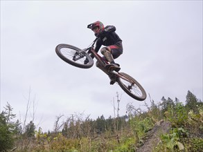 Mountain biker jumps in the Bikepark Hahnenklee in the Harz Mountains
