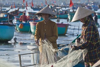 Women in straw hats on the beach checking nets with freshly caught fish and seafood