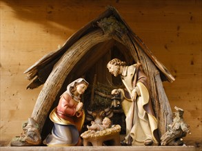 Nativity scene with holy family at the Christmas market