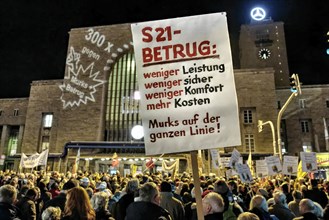 300th Monday demonstration against Stuttgart 21. Rally in front of the main railway station. Mismanagement and suspicion of corruption weigh down the railway project. Lies and deception are frequent a...