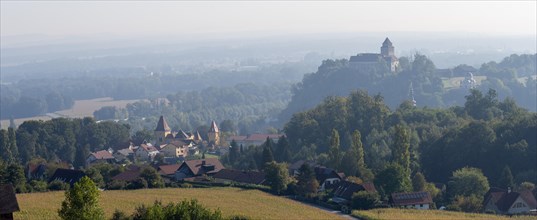 View from the Weinleiten water tower of the municipality of Ehrenhausen with Ehrenhausen Castle and the Eggenberger mausoleum