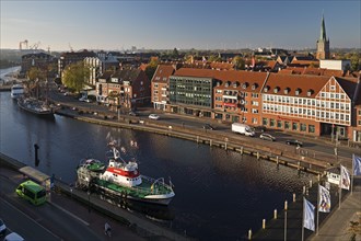 City view from the town hall tower with the museum ship Georg Breusing in the Ratsdelft