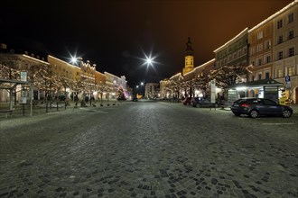Deserted town square with Christmas lights