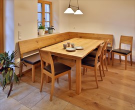 Dining table with corner bench and chairs made of solid wood
