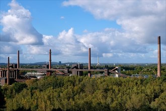 View of the coking plant's chimneys from the roof terrace of the Zollverein Coal Mine Visitors' Centre