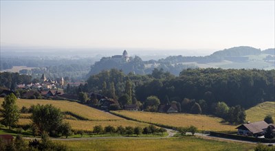 View from the Weinleiten water tower of the municipality of Ehrenhausen with Ehrenhausen Castle and the Eggenberger mausoleum