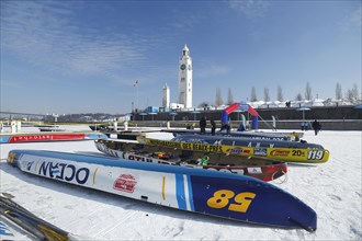 Race boats for canoe race on ice