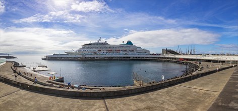 Cruise ship in the harbour at the promenade of Ponta Delgada