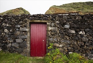 Lava stone garden wall with red front door