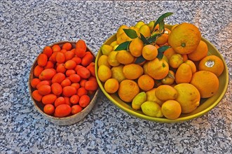 Citrus fruits in bowls on granite tabletop
