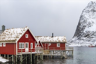Red boathouses in winter harbour