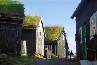 Wooden houses with grass roofs in the old centre