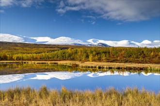 Snowy mountains of Abisko National Park reflected in small pond