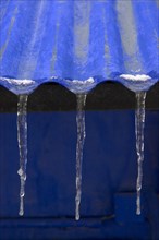 Three icicles on roof of blue corrugated iron