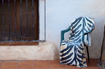 Plastic chair with zebra blanket in front of white wall